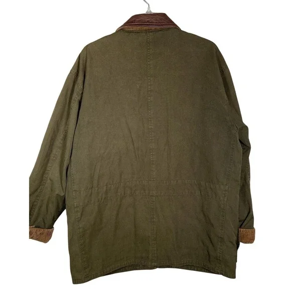 Club Room Chore Jacket Men Medium Olive Leather Collar Plaid Lined Utility Coat